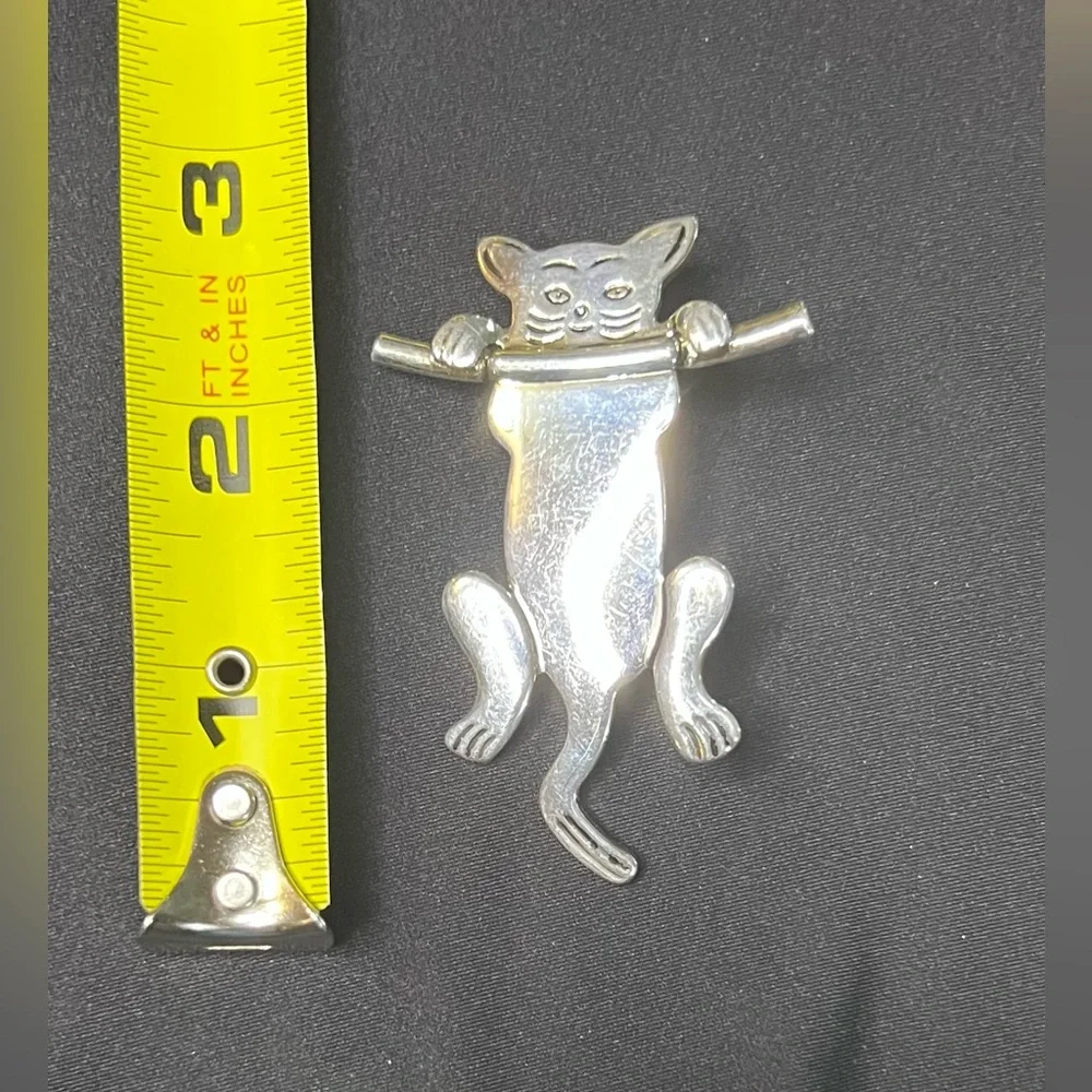 Vintage Cat Kitty Hanging from a Branch Silver Plated Brooch / Pin